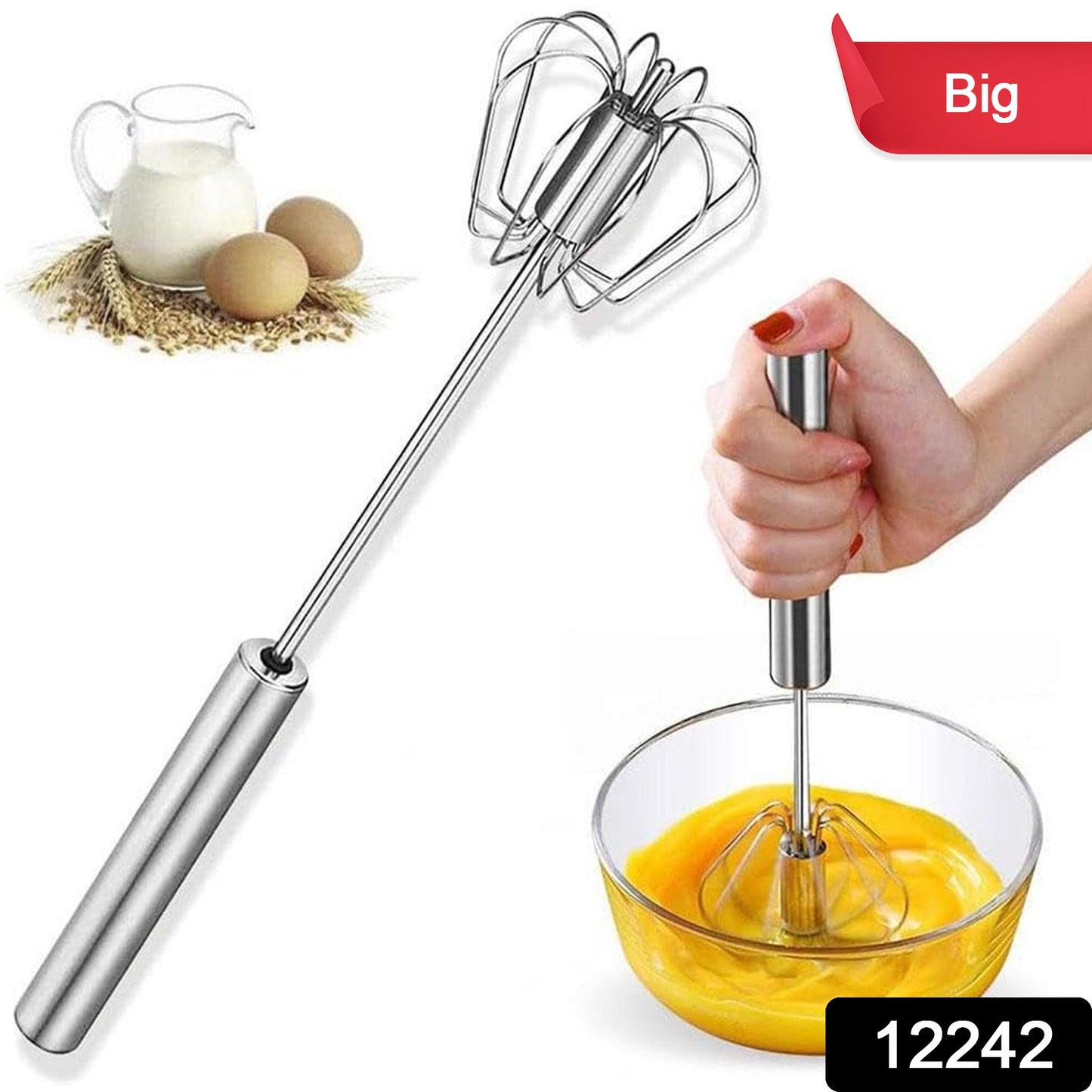 Big Stainless Steel Egg Whisk Hand Push Rotary Whisk Blender (1 Pc 35 Cm)